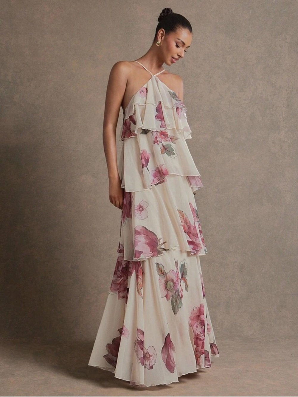Ivory Floral Tiered Halter Maxi Dress - Picture 5 of 6